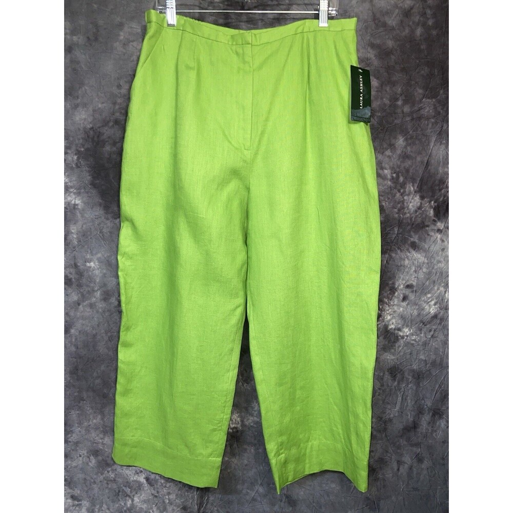 Laura Ashley Size 16 NWT Green Linen High Waist Wide Leg Cropped Pants